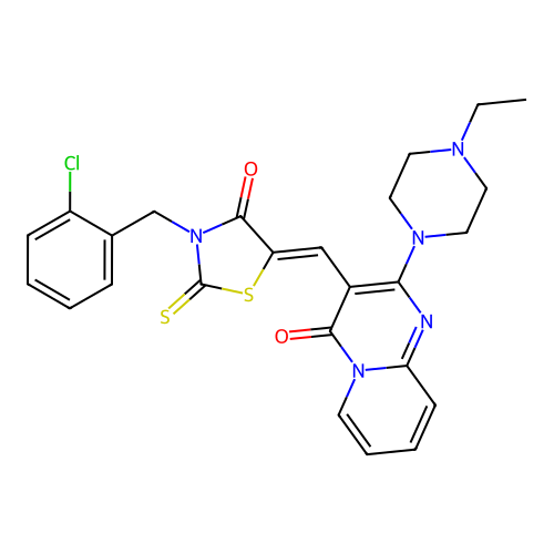 3-{(Z)-[3-(2-chlorobenzyl)-4-oxo-2-thioxo-1,3-thiazolidin-5-ylidene]methyl}-2-(4-ethylpiperazin-1-yl)-4H-pyrido[1,2-a]pyrimidin-4-one structure