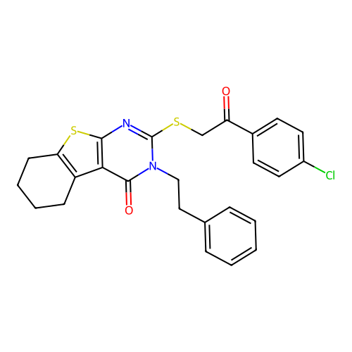 2-((2-(4-chlorophenyl)-2-oxoethyl)thio)-3-phenethyl-5,6,7,8-tetrahydrobenzo[4,5]thieno[2,3-d]pyrimidin-4(3H)-one structure