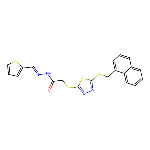 2-({5-[(naphthalen-1-ylmethyl)sulfanyl]-1,3,4-thiadiazol-2-yl}sulfanyl)-N'-[(E)-thiophen-2-ylmethylidene]acetohydrazide structure