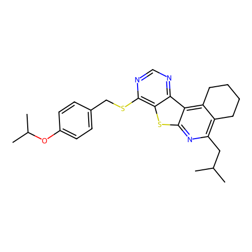 5-(2-methylpropyl)-8-{[4-(propan-2-yloxy)benzyl]sulfanyl}-1,2,3,4-tetrahydropyrimido[4',5':4,5]thieno[2,3-c]isoquinoline structure