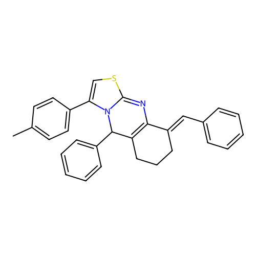 (E)-9-benzylidene-5-phenyl-3-(p-tolyl)-6,7,8,9-tetrahydro-5H-thiazolo[2,3-b]quinazoline structure