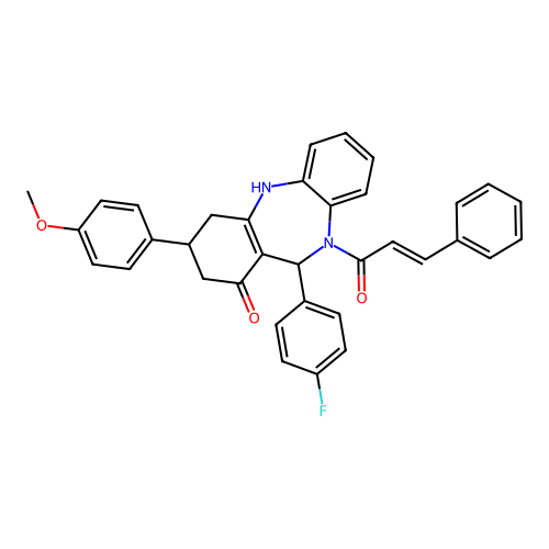 (2E)-1-[11-(4-fluorophenyl)-1-hydroxy-3-(4-methoxyphenyl)-2,3,4,11-tetrahydro-10H-dibenzo[b,e][1,4]diazepin-10-yl]-3-phenylprop-2-en-1-one structure