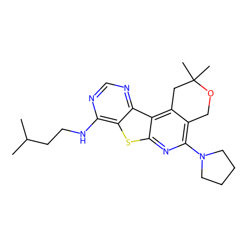 2,2-dimethyl-N-(3-methylbutyl)-5-(pyrrolidin-1-yl)-1,4-dihydro-2H-pyrano[4'',3'':4',5']pyrido[3',2':4,5]thieno[3,2-d]pyrimidin-8-amine structure
