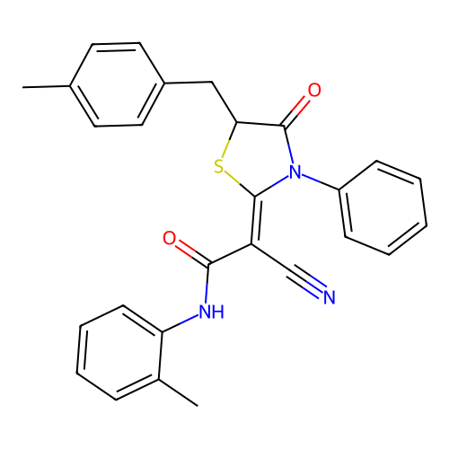 (2Z)-2-cyano-2-[5-(4-methylbenzyl)-4-oxo-3-phenyl-1,3-thiazolidin-2-ylidene]-N-(2-methylphenyl)ethanamide structure
