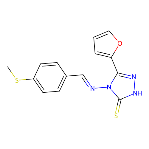 3-(furan-2-yl)-4-[(E)-(4-methylsulfanylphenyl)methylideneamino]-1H-1,2,4-triazole-5-thione structure