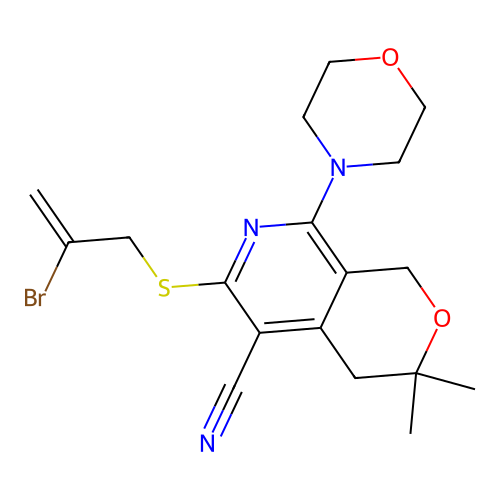 6-((2-bromoallyl)thio)-3,3-dimethyl-8-morpholino-3,4-dihydro-1H-pyrano[3,4-c]pyridine-5-carbonitrile structure