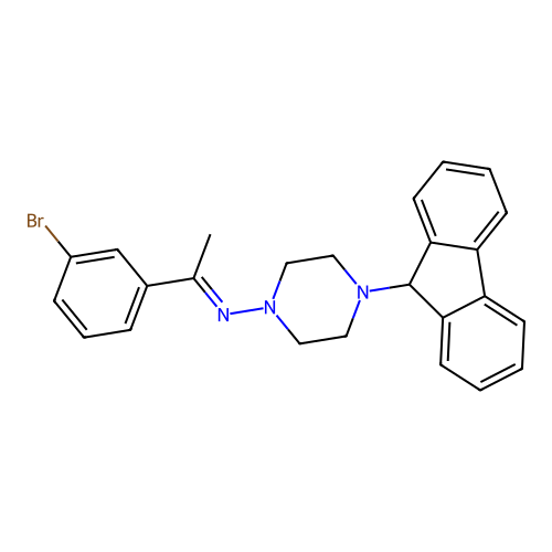 N-[(1E)-1-(3-bromophenyl)ethylidene]-4-(9H-fluoren-9-yl)piperazin-1-amine structure