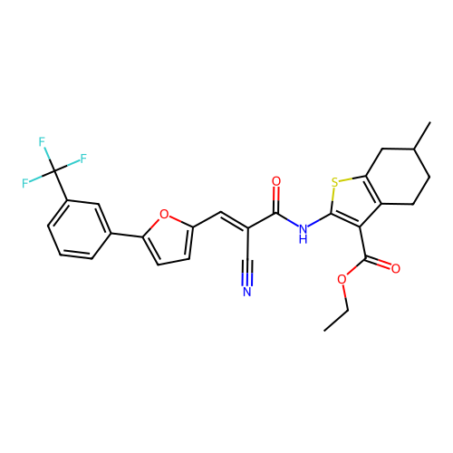 (E)-ethyl 2-(2-cyano-3-(5-(3-(trifluoromethyl)phenyl)furan-2-yl)acrylamido)-6-methyl-4,5,6,7-tetrahydrobenzo[b]thiophene-3-carboxylate structure
