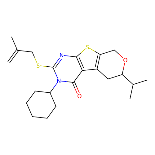 3-cyclohexyl-2-[(2-methylprop-2-en-1-yl)sulfanyl]-6-(propan-2-yl)-3,5,6,8-tetrahydro-4H-pyrano[4',3':4,5]thieno[2,3-d]pyrimidin-4-one structure