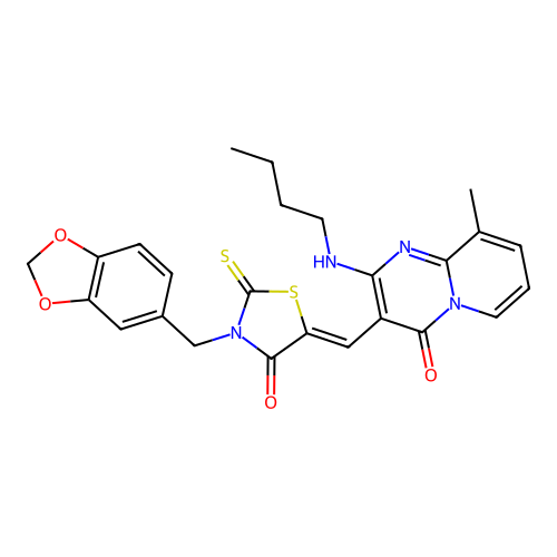 (Z)-3-(benzo[d][1,3]dioxol-5-ylmethyl)-5-((2-(butylamino)-9-methyl-4-oxo-4H-pyrido[1,2-a]pyrimidin-3-yl)methylene)-2-thioxothiazolidin-4-one structure