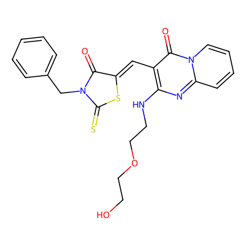 3-[(Z)-(3-benzyl-4-oxo-2-thioxo-1,3-thiazolidin-5-ylidene)methyl]-2-{[2-(2-hydroxyethoxy)ethyl]amino}-4H-pyrido[1,2-a]pyrimidin-4-one structure