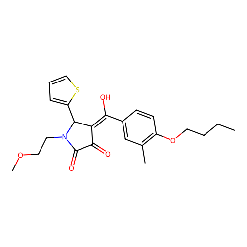 (4E)-4-[(4-butoxy-3-methylphenyl)-hydroxymethylidene]-1-(2-methoxyethyl)-5-thiophen-2-ylpyrrolidine-2,3-dione structure