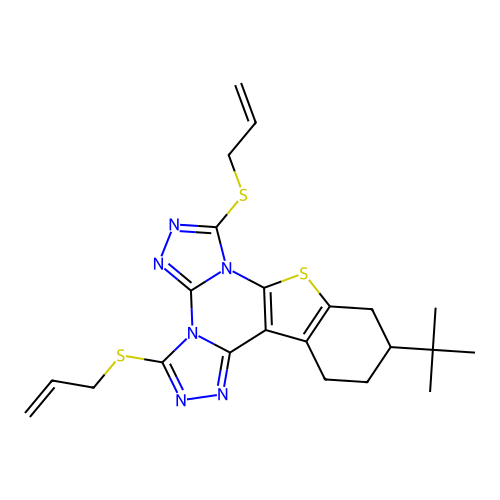 11-tert-butyl-3,7-bis(prop-2-en-1-ylsulfanyl)-10,11,12,13-tetrahydro[1]benzothieno[3,2-e]bis[1,2,4]triazolo[4,3-a:4',3'-c]pyrimidine structure
