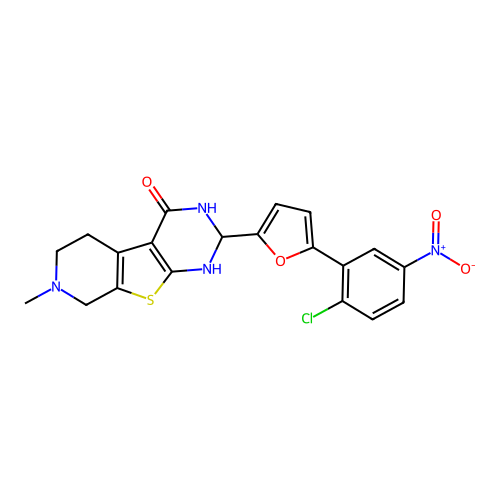 2-(5-(2-chloro-5-nitrophenyl)furan-2-yl)-7-methyl-2,3,5,6,7,8-hexahydropyrido[4',3':4,5]thieno[2,3-d]pyrimidin-4(1H)-one structure