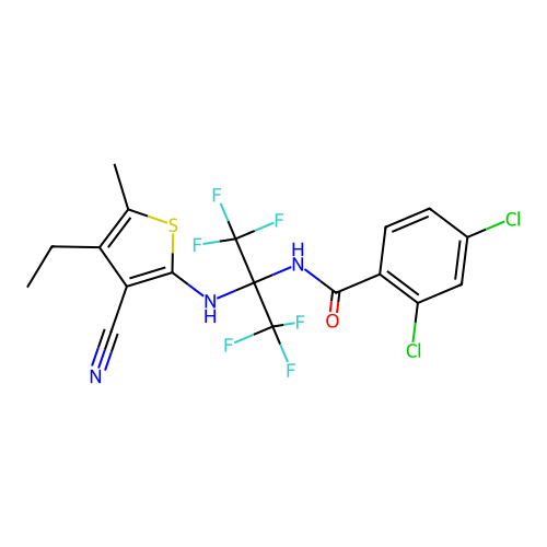 2,4-dichloro-N-(2-((3-cyano-4-ethyl-5-methylthiophen-2-yl)amino)-1,1,1,3,3,3-hexafluoropropan-2-yl)benzamide structure