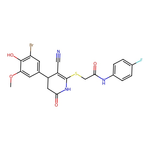 2-((4-(3-bromo-4-hydroxy-5-methoxyphenyl)-3-cyano-6-oxo-1,4,5,6-tetrahydropyridin-2-yl)thio)-N-(4-fluorophenyl)acetamide structure
