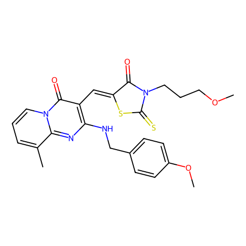 2-[(4-methoxybenzyl)amino]-3-{(Z)-[3-(3-methoxypropyl)-4-oxo-2-thioxo-1,3-thiazolidin-5-ylidene]methyl}-9-methyl-4H-pyrido[1,2-a]pyrimidin-4-one structure