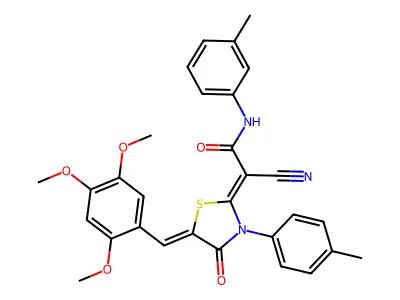 2-cyano-N-(3-methylphenyl)-2-[3-(4-methylphenyl)-4-oxo-5-[(2,4,5-trimethoxyphenyl)methylidene]-1,3-thiazolidin-2-ylidene]acetamide structure