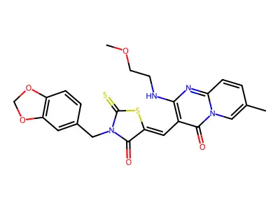3-{(Z)-[3-(1,3-benzodioxol-5-ylmethyl)-4-oxo-2-thioxo-1,3-thiazolidin-5-ylidene]methyl}-2-[(2-methoxyethyl)amino]-7-methyl-4H-pyrido[1,2-a]pyrimidin-4-one structure