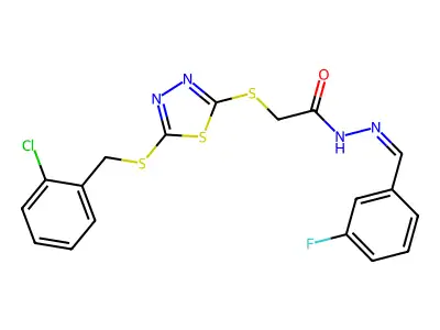 2-[[5-[(2-chlorophenyl)methylsulfanyl]-1,3,4-thiadiazol-2-yl]sulfanyl]-N-[(E)-(3-fluorophenyl)methylideneamino]acetamide structure