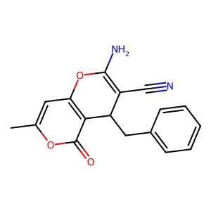 2-amino-4-benzyl-7-methyl-5-oxo-4H,5H-pyrano[4,3-b]pyran-3-carbonitrile structure