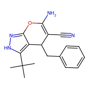 6-Amino-4-benzyl-3-tert-butyl-2,4-dihydropyrano[2,3-c]pyrazole-5-carbonitrile structure