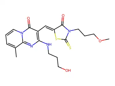 2-[(3-hydroxypropyl)amino]-3-{(Z)-[3-(3-methoxypropyl)-4-oxo-2-thioxo-1,3-thiazolidin-5-ylidene]methyl}-9-methyl-4H-pyrido[1,2-a]pyrimidin-4-one structure