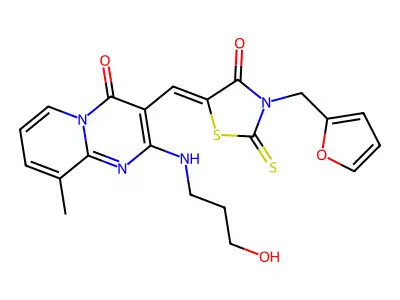 3-{(Z)-[3-(furan-2-ylmethyl)-4-oxo-2-thioxo-1,3-thiazolidin-5-ylidene]methyl}-2-[(3-hydroxypropyl)amino]-9-methyl-4H-pyrido[1,2-a]pyrimidin-4-one structure