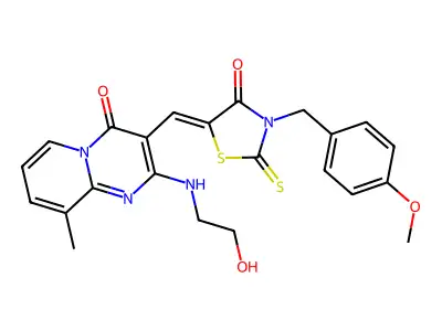 2-[(2-hydroxyethyl)amino]-3-{(Z)-[3-(4-methoxybenzyl)-4-oxo-2-thioxo-1,3-thiazolidin-5-ylidene]methyl}-9-methyl-4H-pyrido[1,2-a]pyrimidin-4-one structure