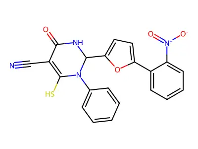 6-mercapto-2-(5-(2-nitrophenyl)furan-2-yl)-4-oxo-1-phenyl-1,2,3,4-tetrahydropyrimidine-5-carbonitrile structure