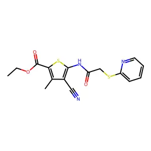 Ethyl 4-cyano-3-methyl-5-(2-(2-pyridylthio)acetylamino)thiophene-2-carboxylate structure