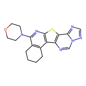 4-(7,8,9,10-tetrahydro-[1,2,4]triazolo[1'',5'':1',6']pyrimido[4',5':4,5]thieno[2,3-c]isoquinolin-11-yl)morpholine structure