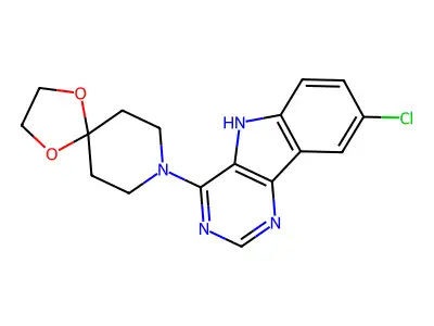 8-(8-chloro-5H-pyrimido[5,4-b]indol-4-yl)-1,4-dioxa-8-azaspiro[4.5]decane structure