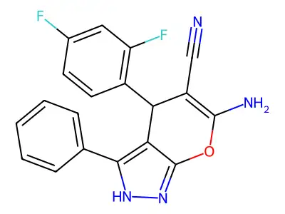 6-amino-4-(2,4-difluorophenyl)-3-phenyl-1,4-dihydropyrano[2,3-c]pyrazole-5-carbonitrile structure