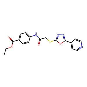 Ethyl 4-[2-(5-(4-pyridyl)-1,3,4-oxadiazol-2-ylthio)acetylamino]benzoate structure