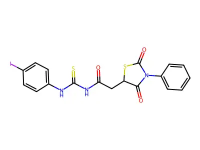 2-(2,4-dioxo-3-phenyl-1,3-thiazolidin-5-yl)-N-[(4-iodophenyl)carbamothioyl]acetamide structure