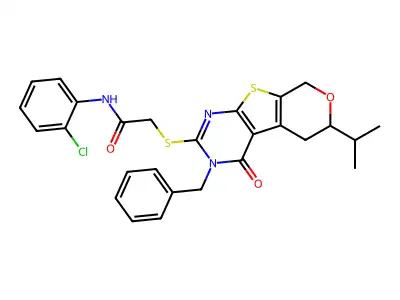 2-((3-benzyl-6-isopropyl-4-oxo-4,5,6,8-tetrahydro-3H-pyrano[4',3':4,5]thieno[2,3-d]pyrimidin-2-yl)thio)-N-(2-chlorophenyl)acetamide structure
