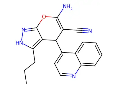 6-Amino-3-propyl-4-quinolin-4-yl-2,4-dihydropyrano[2,3-c]pyrazole-5-carbonitrile structure
