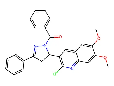 (5-(2-chloro-6,7-dimethoxyquinolin-3-yl)-3-phenyl-4,5-dihydro-1H-pyrazol-1-yl)(phenyl)methanone structure
