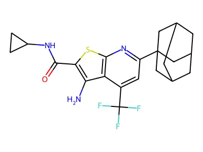 6-(1-adamantyl)-3-amino-N-cyclopropyl-4-(trifluoromethyl)thieno[2,3-b]pyridine-2-carboxamide structure