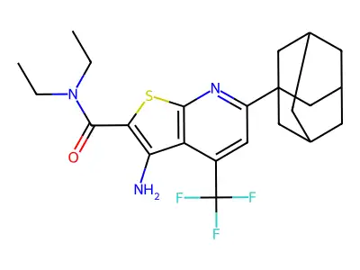 6-(1-adamantyl)-3-amino-N,N-diethyl-4-(trifluoromethyl)thieno[2,3-b]pyridine-2-carboxamide structure