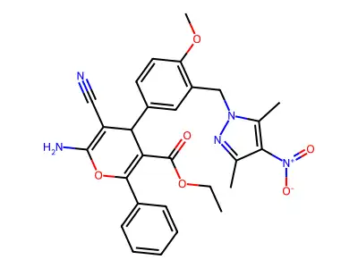 ethyl 6-amino-5-cyano-4-{3-[(3,5-dimethyl-4-nitro-1H-pyrazol-1-yl)methyl]-4-methoxyphenyl}-2-phenyl-4H-pyran-3-carboxylate structure