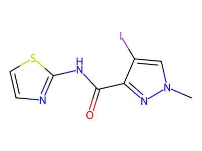 4-iodo-1-methyl-N-(1,3-thiazol-2-yl)pyrazole-3-carboxamide structure