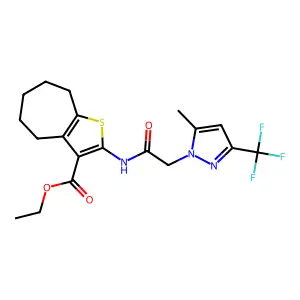 ethyl 2-({[5-methyl-3-(trifluoromethyl)-1H-pyrazol-1-yl]acetyl}amino)-5,6,7,8-tetrahydro-4H-cyclohepta[b]thiophene-3-carboxylate structure