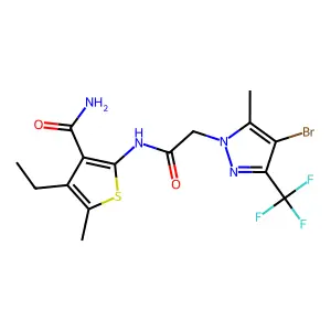 2-[[2-[4-bromo-5-methyl-3-(trifluoromethyl)pyrazol-1-yl]acetyl]amino]-4-ethyl-5-methylthiophene-3-carboxamide structure
