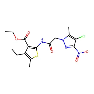 ethyl 2-[({4-chloro-3-nitro-5-methyl-1H-pyrazol-1-yl}acetyl)amino]-4-ethyl-5-methyl-3-thiophenecarboxylate structure