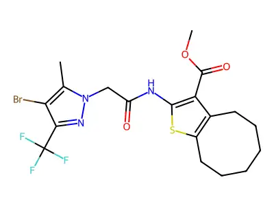 methyl 2-({[4-bromo-5-methyl-3-(trifluoromethyl)-1H-pyrazol-1-yl]acetyl}amino)-4,5,6,7,8,9-hexahydrocycloocta[b]thiophene-3-carboxylate structure