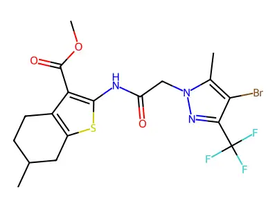 methyl 2-({[4-bromo-5-methyl-3-(trifluoromethyl)-1H-pyrazol-1-yl]acetyl}amino)-6-methyl-4,5,6,7-tetrahydro-1-benzothiophene-3-carboxylate structure