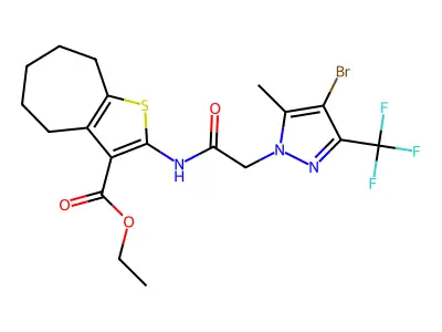 ethyl 2-({[4-bromo-5-methyl-3-(trifluoromethyl)-1H-pyrazol-1-yl]acetyl}amino)-5,6,7,8-tetrahydro-4H-cyclohepta[b]thiophene-3-carboxylate structure