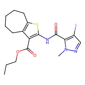 propyl 2-[(4-iodo-2-methylpyrazole-3-carbonyl)amino]-5,6,7,8-tetrahydro-4H-cyclohepta[b]thiophene-3-carboxylate structure